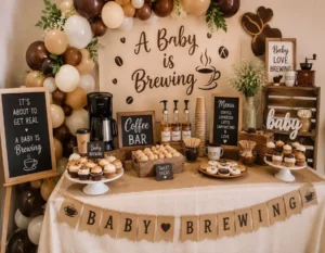 A Baby Is Brewing coffee themed baby shower setup