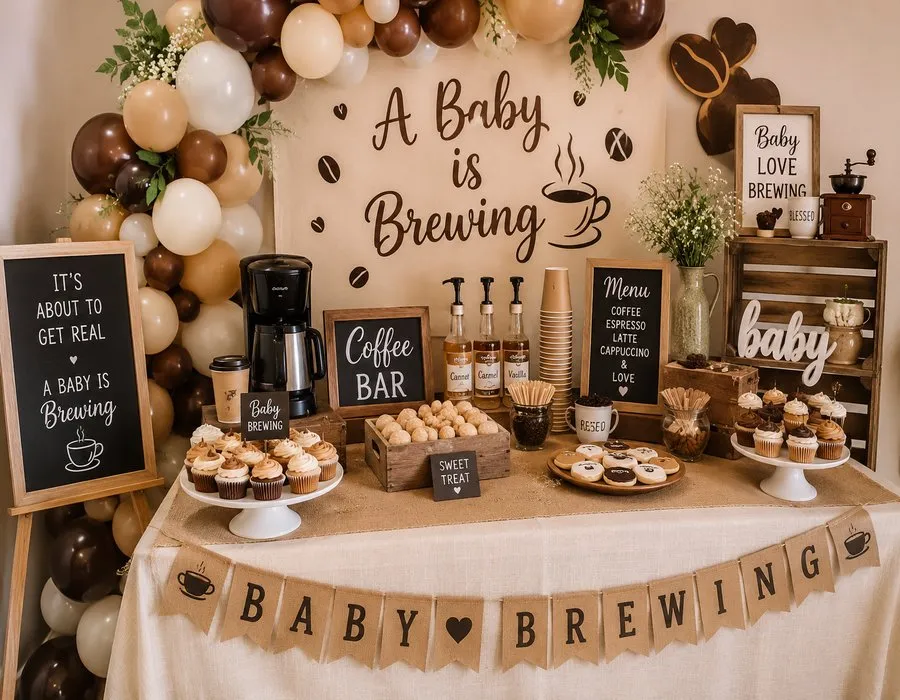 A Baby Is Brewing coffee themed baby shower setup