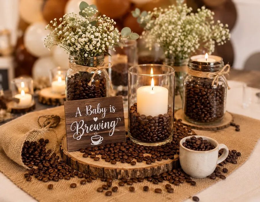 Rustic coffee bean centerpiece for baby shower decor