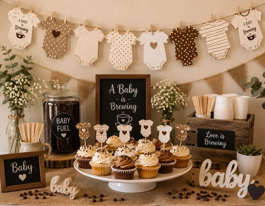 Onesie banner and cupcake toppers baby shower decor