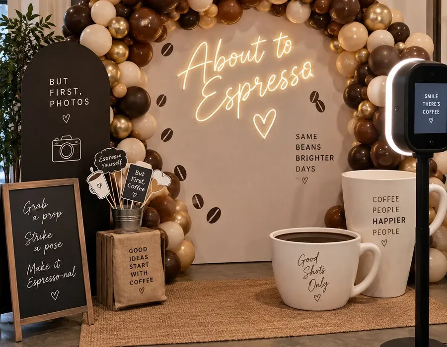 Coffee themed baby shower backdrop and photo booth