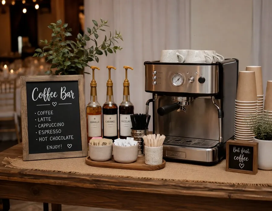 Coffee bar station with syrups and rustic baby decor